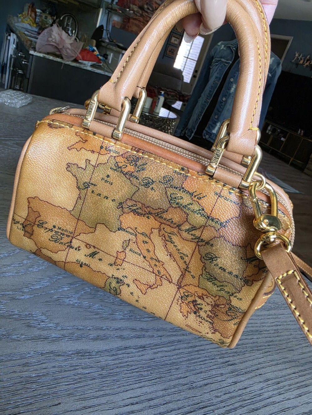Authentic Alviero Martini Mini Map-Print Leather Top-Handle Bag Or Crossbody Bag